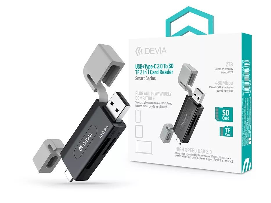 Devia ST112353 Smart Series 2in1 SD/microSD USB/USB C fekete memóriakártya-olvasó