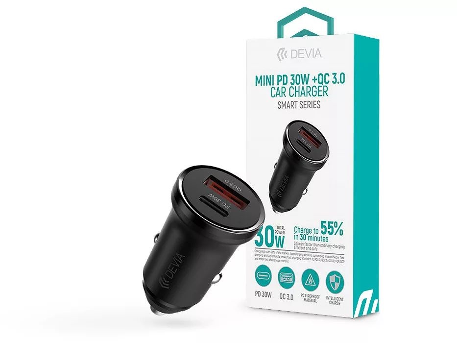 Devia ST112421 Smart Series Mini 30W PD+QC USB+Type-C fekete autós töltő adapter