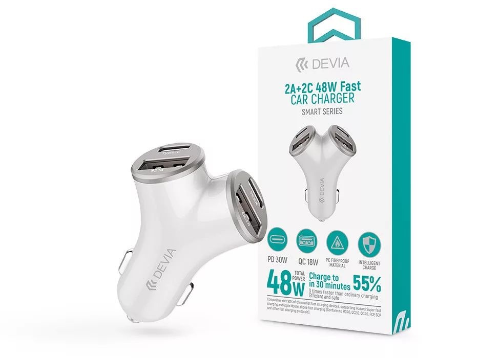 Devia ST112537 Smart Series 48W PD+QC 2xUSB+2xType-C ezüst autós gyorstöltő