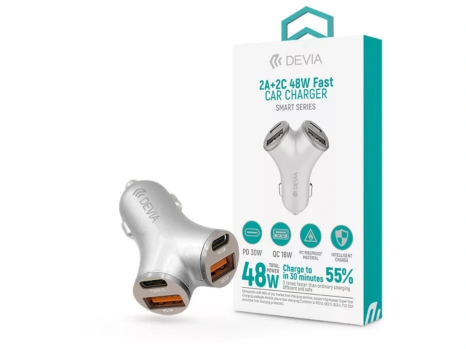 Devia ST112537 Smart Series 48W PD+QC 2xUSB+2xType-C ezüst autós gyorstöltő