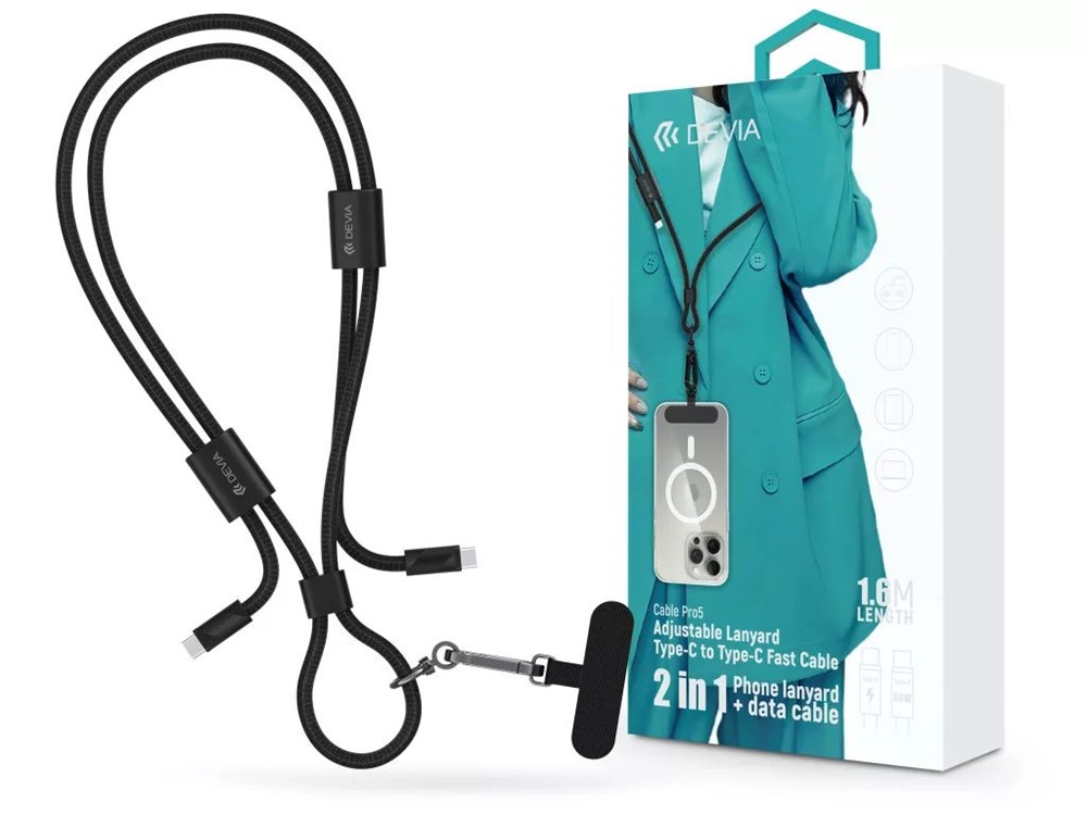 Devia ST124950 Cable Pro5 Woven 1,6m 60W PD Type-C - Type-C fekete adat- és töltőkábel + nyakpánt
