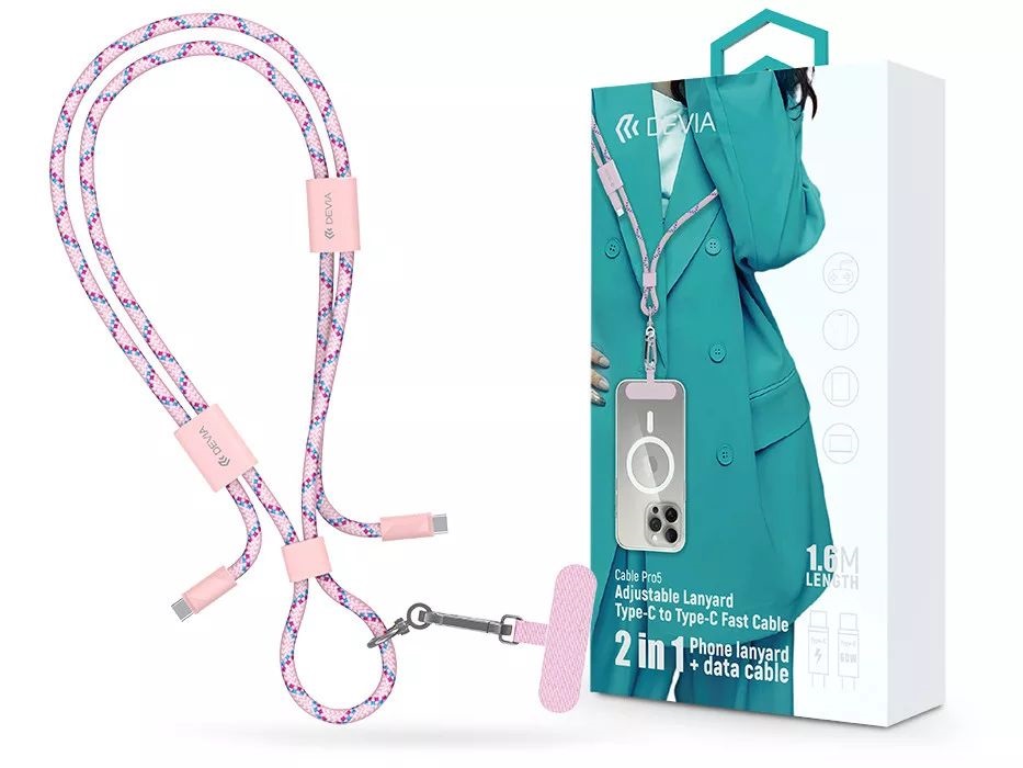 Devia ST124967 Cable Pro5 Woven 1,6m 60W PD Type-C - Type-C pink adat- és töltőkábel + nyakpánt