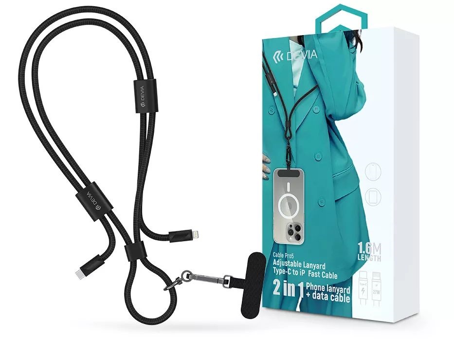 Devia ST124981 Cable Pro5 Woven 1,6m 27W PD Type-C - Lightning fekete adat- és töltőkábel + nyakpánt