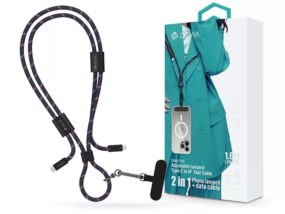 Devia ST125001 Cable Pro5 Woven 1,6m 27W PD Type-C - Lightning kék adat- és töltőkábel + nyakpánt
