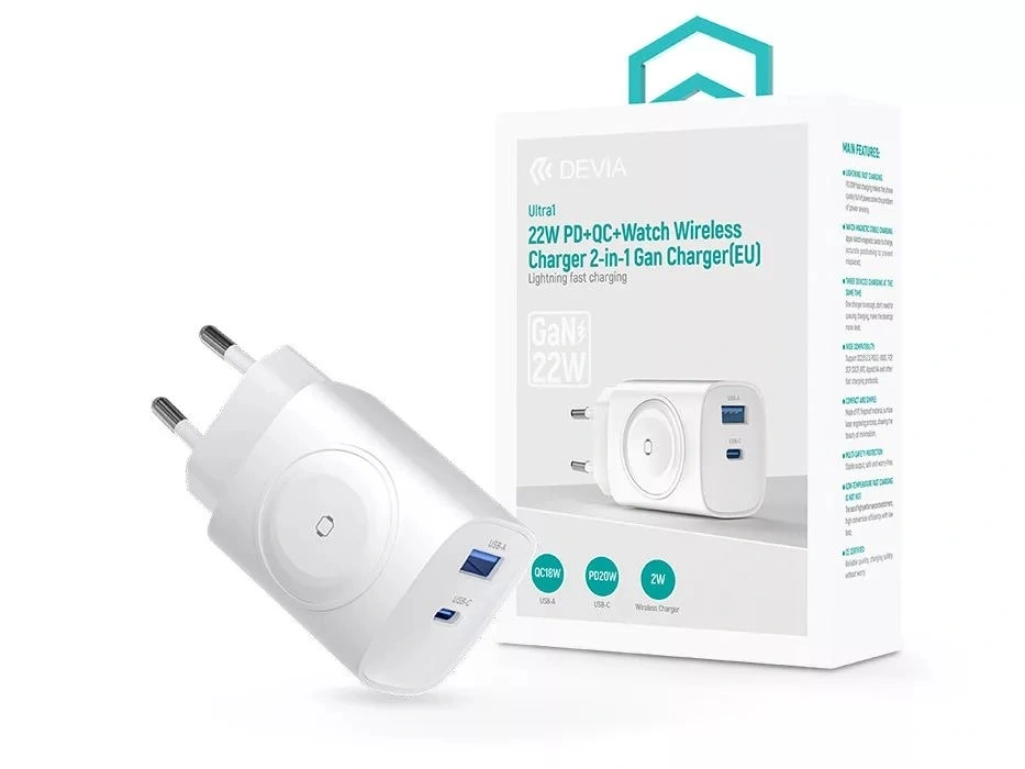 Devia ST131026 Ultra1 22W PD+QC+ Apple Watch 2in1 fehér hálózati gyorstöltő adapter