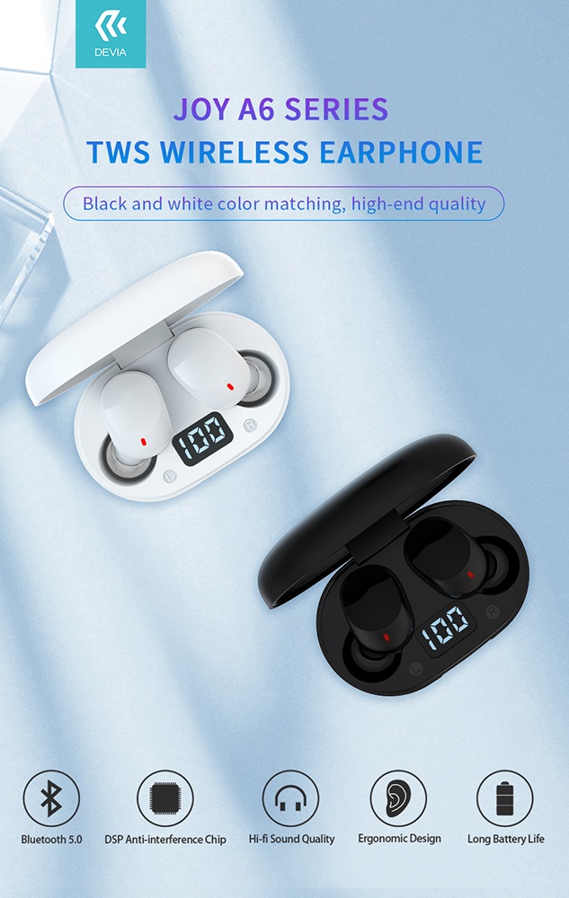 Devia ST351020 Bluetooth v5.0 Joy A6 Series TWS with Charging Case - fekete sztereó headset