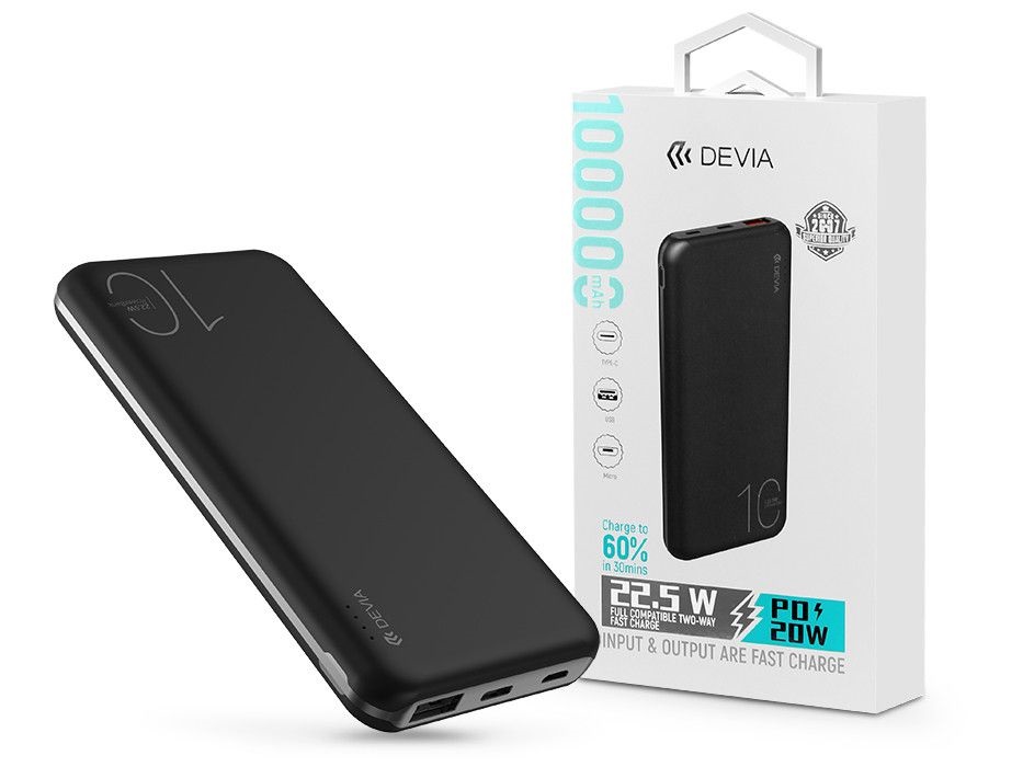 Devia ST354441 Smart Series 22.5W - USB + Type-C + microUSB + PD 10.000 mAh fekete power bank