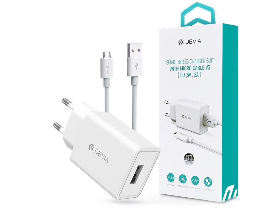 Devia ST362286 10W fehér hálózati töltő adapter +1m microUSB kábel