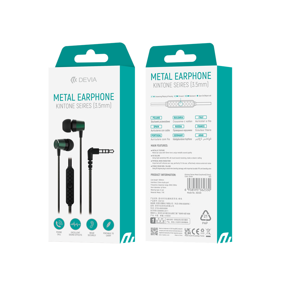 Devia ST362330 Kintone 3,5mm jack zöld fülhallgató