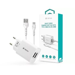 Devia ST364037 2xUSB 2,1A fehér hálózati töltő adapter + USB - Type-C 1m kábel