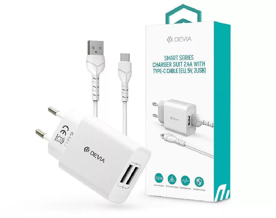 Devia ST364037 2xUSB 2,1A fehér hálózati töltő adapter + USB - Type-C 1m kábel