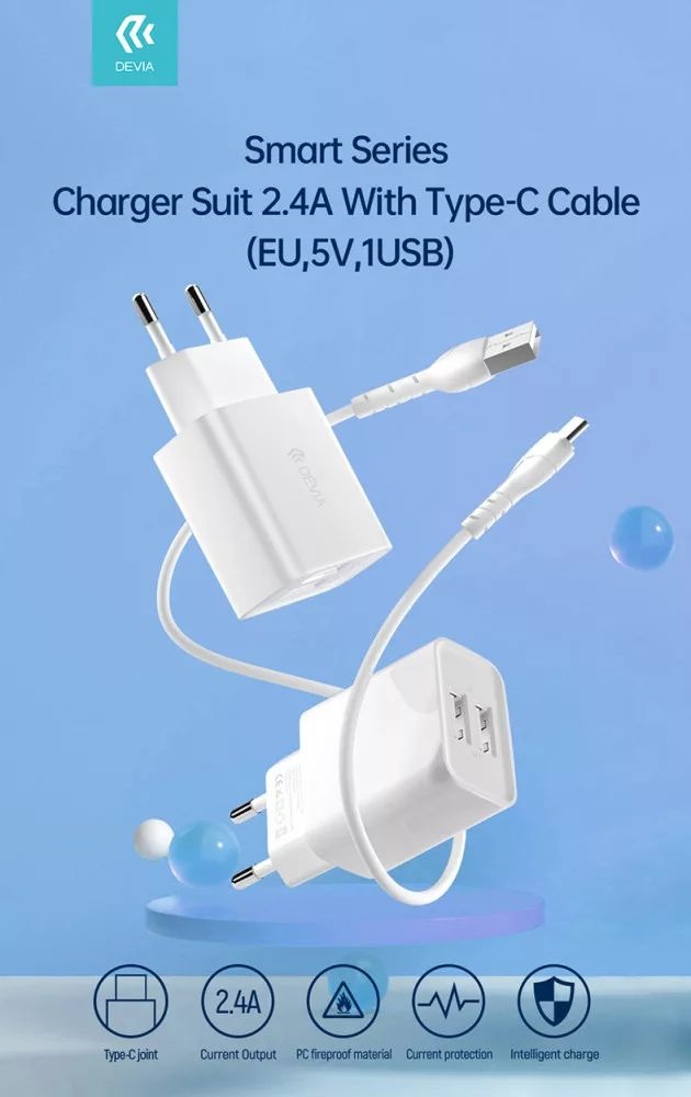 Devia ST364037 2xUSB 2,1A fehér hálózati töltő adapter + USB - Type-C 1m kábel