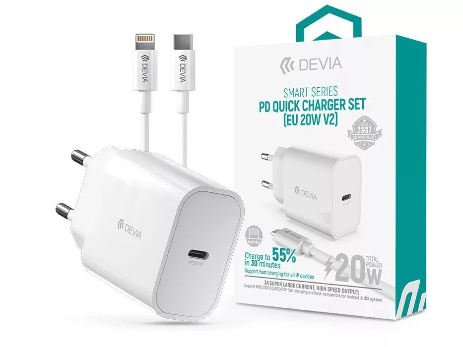 Devia ST383847 20W Type-C PD fehér hálózati töltő adapter + 1m Type-C - Lightning kábel