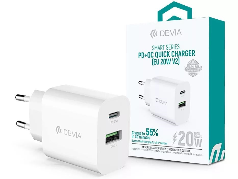 Devia ST385247 20W Type-C + USB PD+QC fehér hálózati töltő adapter