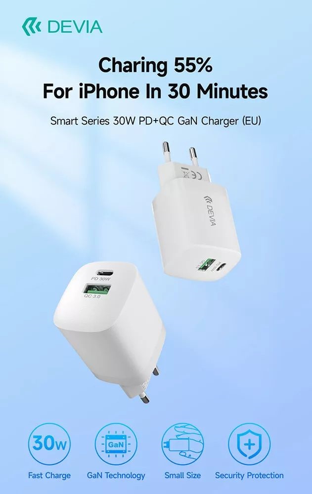 Devia ST386718 Smart GaN 30W PD USB + Type-C Hálózati töltő adapter