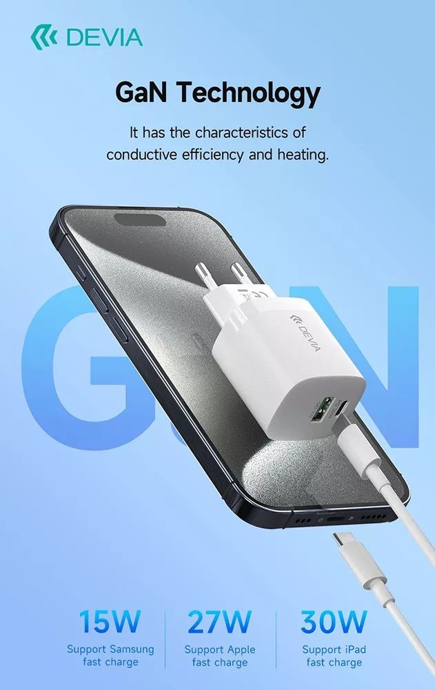 Devia ST386718 Smart GaN 30W PD USB + Type-C Hálózati töltő adapter