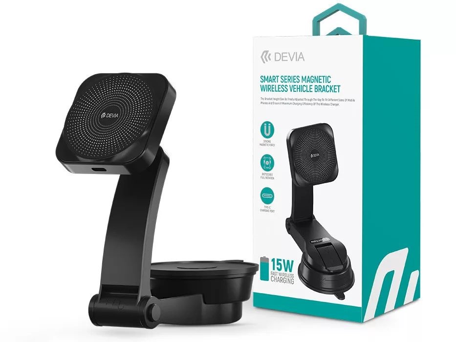 Devia ST398735 Smart Series Magnetic 15W műszerfalra/szélvédőre helyezhető fekete vezeték nélküli autós töltő/tartó