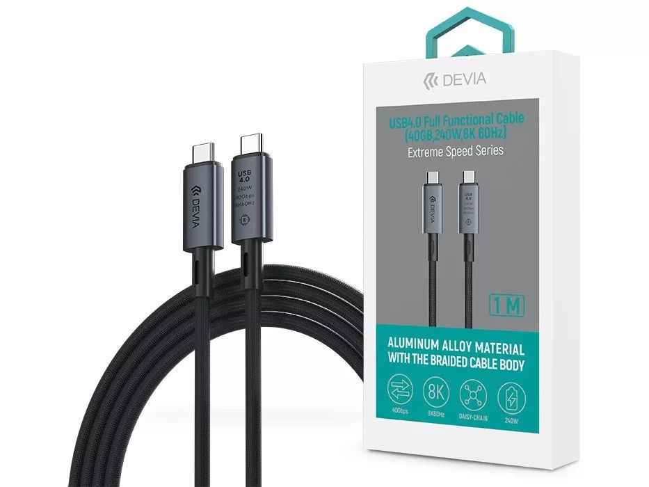 Devia ST399688 Extreme Speed USB4.0 40 Gbps 240W PD Type-C/Type-C 1m-es fekete adat- és töltőkábel