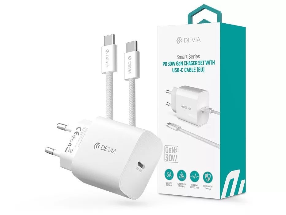 Devia ST399800 Smart Series 30W GaN PD+QC fehér hálózati gyorstöltő adapter + Type-C/Type-C kábel