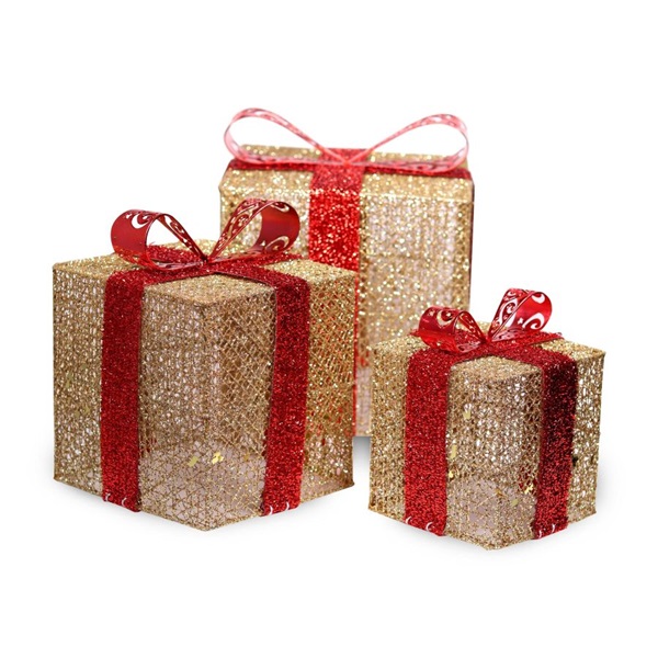 Iris Doboz alakú /1db 20cm, 1db 25cm, 1db 30cm/ arany-piros fémdoboz műanyag masnival dekor szett