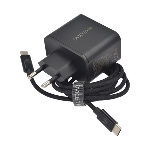 Dviced DV221013 65W 2xType-C/USB GaN fekete hálózati töltő + Type-C kábel