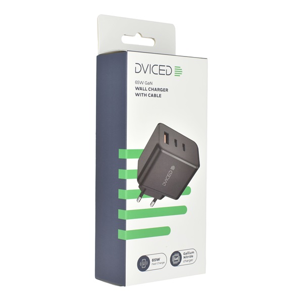 Dviced DV221013 65W 2xType-C/USB GaN fekete hálózati töltő + Type-C kábel