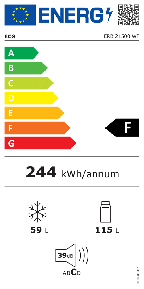 ECG ERB 21500 WF fehér, alulfagyasztós, Hűtő:115L, Fagyasztó:59L, hűtőszekrény