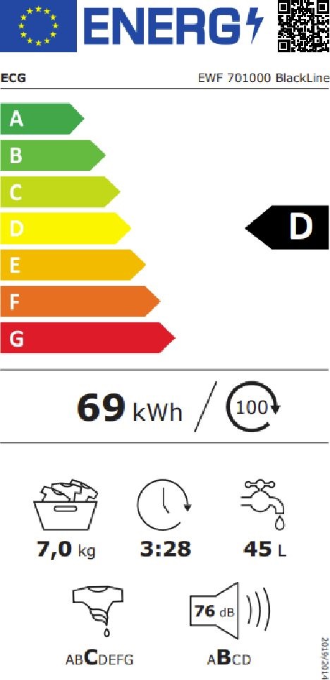ECG EWF 701000 BlackLine fehér, elöltöltős, max.1000ford., 7 kg, mosógép