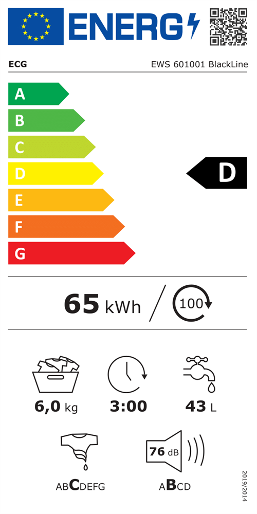 ECG EWS 601001 BlackLine fehér, elöltöltős, keskeny, max.1000ford., 6 kg, mosógép