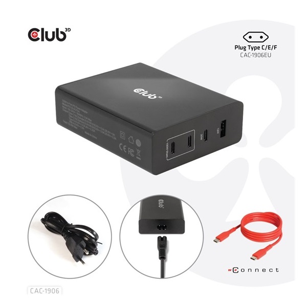 EGY Club3D 132W GAN technology, 4 port USB Type-A and -C, Power Delivery(PD) 3.0 Support - Travel Charger