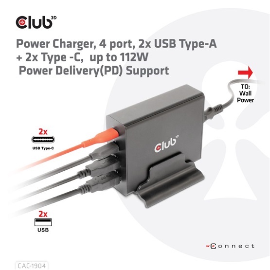 EGY Club3D 4 ports, 2x USB Type-A 2x Type-C up to 112W Power Charger