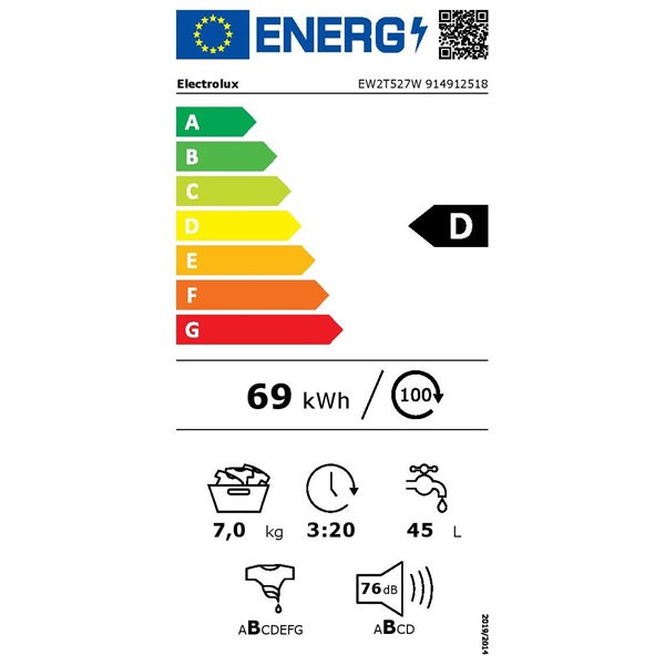 Electrolux EW2T527W fehér, elöltöltős, max.1200ford., 7 kg, mosógép (Újszerű)