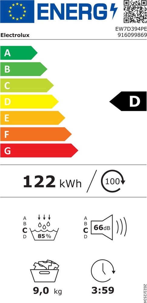 Electrolux EW7D394PE DelicateCare fehér, 9kg, hőszivattyús szárítógép