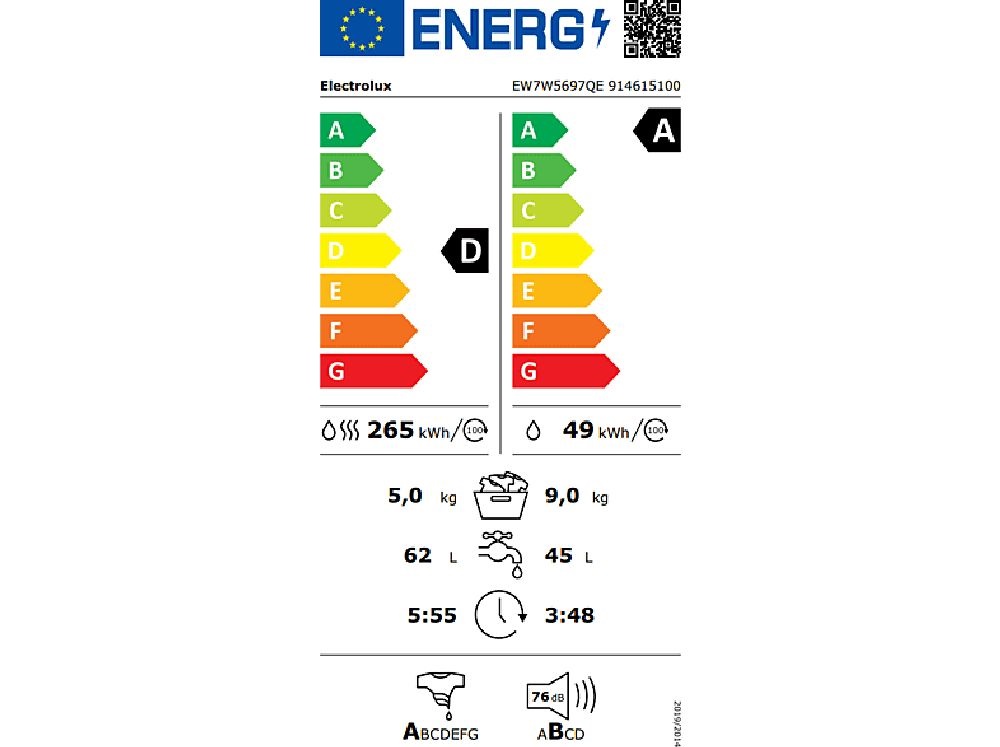 Electrolux EW7W5697QE SteamCare fehér, elöltöltős, max.1600ford., 9 kg/5 kg, mosó-szárítógép