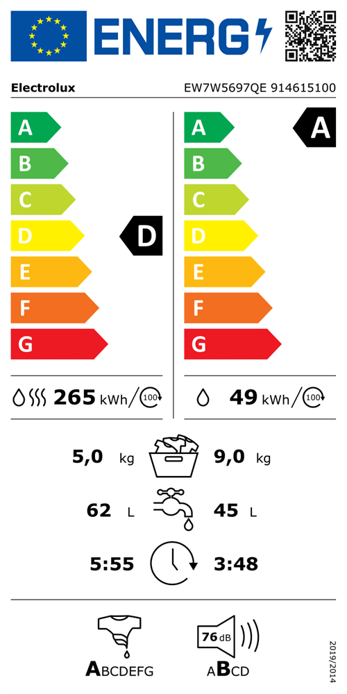 Electrolux EW7W5697QE SteamCare fehér, elöltöltős, max.1600ford., 9 kg/5 kg, mosó-szárítógép