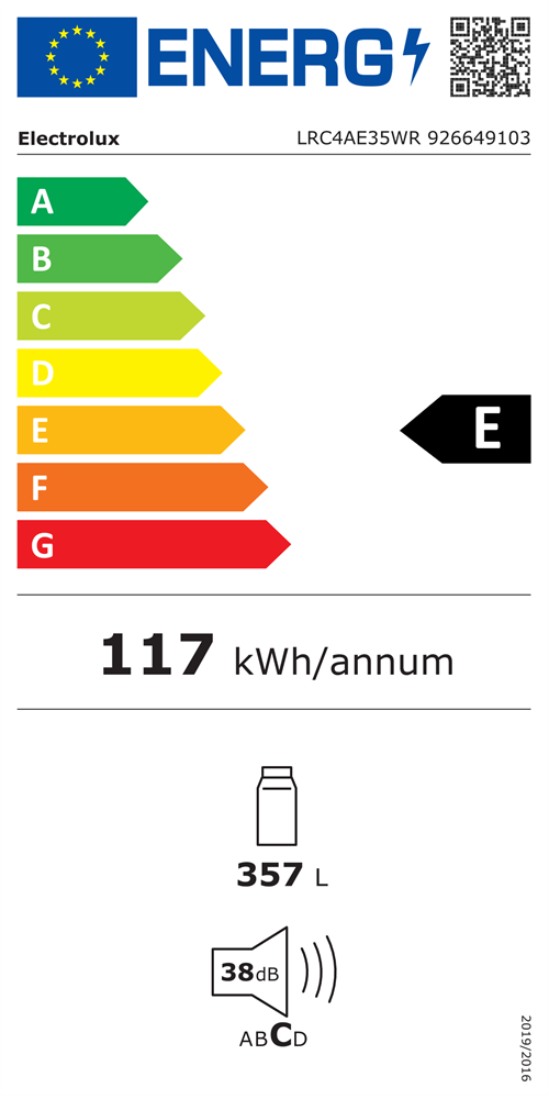 Electrolux LRC4AE35WR (K) fehér, egyajtós, Hűtő:357L, hűtőszekrény