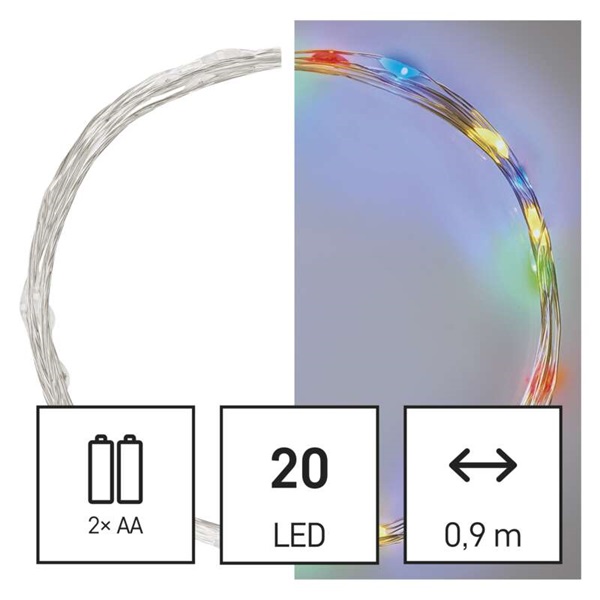 Emos D3AM04 LED 1,9 m/20LED/beltéri/2xAA/időzítős/többszínű nano karácsonyi LED fényfüzér