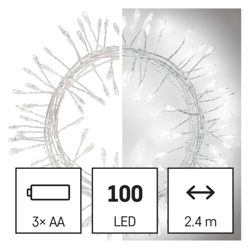 Emos D3FC01 LED 2,4m/100LED/beltéri/3xAA/időzítős/hideg fehér nano karácsonyi LED fényfüzér