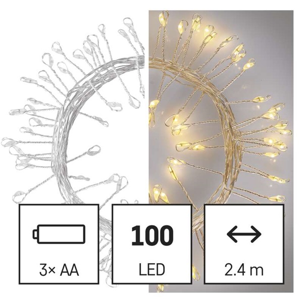 Emos D3FW01 LED 2,4m/100LED/beltéri/3xAA/időzítős/meleg fehér nano karácsonyi LED fényfüzér
