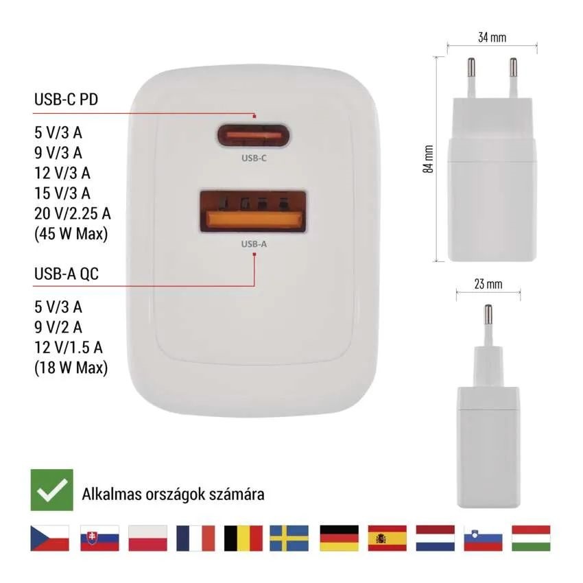 Emos GaN PD 45 W max. univerzális USB töltő