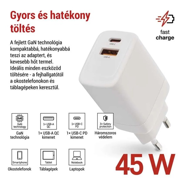 Emos GaN PD 45 W max. univerzális USB töltő