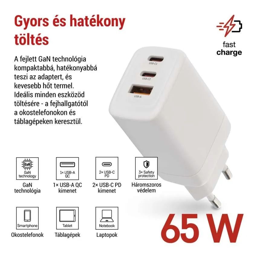 Emos GaN PD 65 W max. univerzális USB töltő