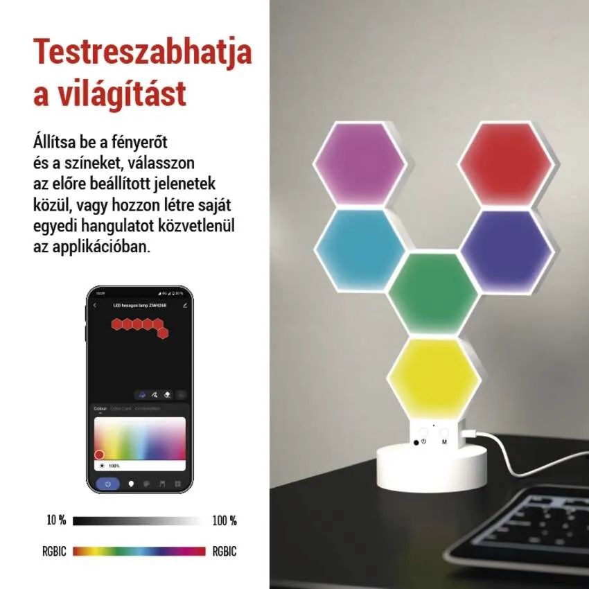 Emos GoSmart Hexagon fehér, 6 részből álló, RGBIC dimmelhető, WiFi LED asztali lámpa