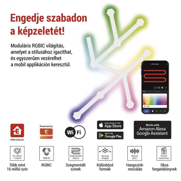 Emos GoSmart Lines fehér, 9 részből álló, 34 W, RGBIC dimmelhető, WiFi LED lámpa