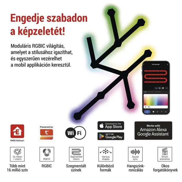 Emos GoSmart Lines fekete, 9 részből álló, 34 W, RGBIC dimmelhető, WiFi LED lámpa