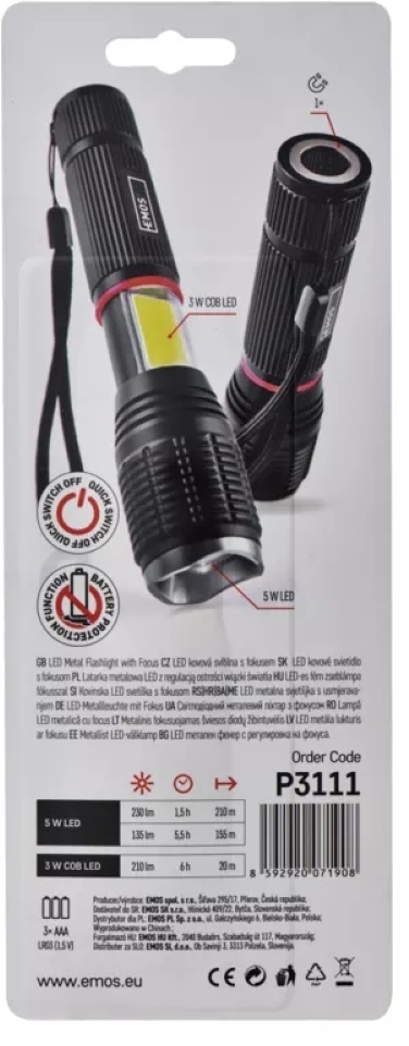 Emos P3111 COB LED 230lm 3xAAA fókuszálható fém elemlámpa