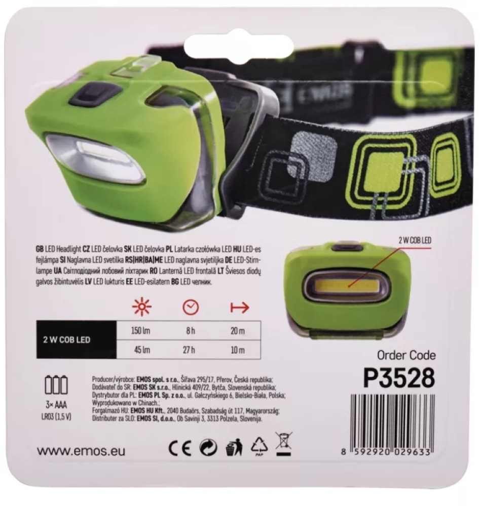 Emos P3528 COB LED 2W 150lm 3×AAA fejlámpa