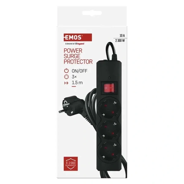 Emos P54214 1,5m 380J SCHUKO 3 csatlakozós fekete túlfeszültség védett elosztó