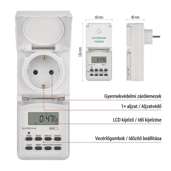 Emos P5525N IP44 kültéri fehér digitális kapcsoló aljzat