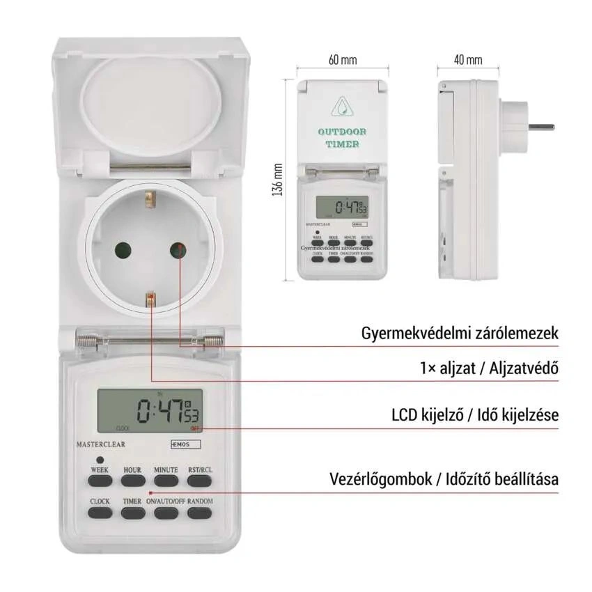 Emos P5525N IP44 kültéri fehér digitális kapcsoló aljzat